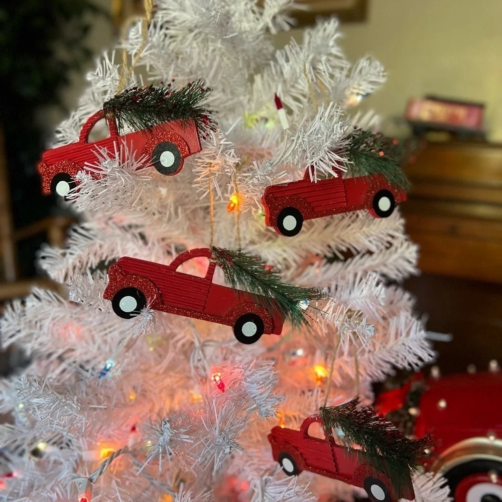 2x Christmas Red Truck Wooden Christmas Ornaments